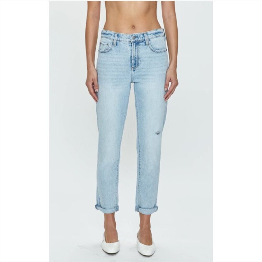 Pistola Riley cuffed ankle straight leg jeans denim light blue wash acid new 30